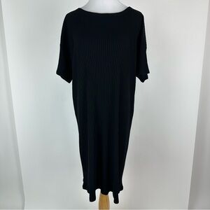 Eileen Fisher Black Ribbed Knit Short Sleeve Shift Dress Size Large